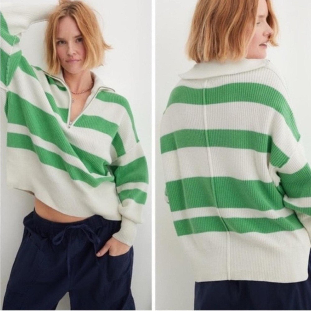 Aerie Green White Striped Beyond Quarter Zip Sweater Preppy Rugby Nautical Large - Picture 2 of 16